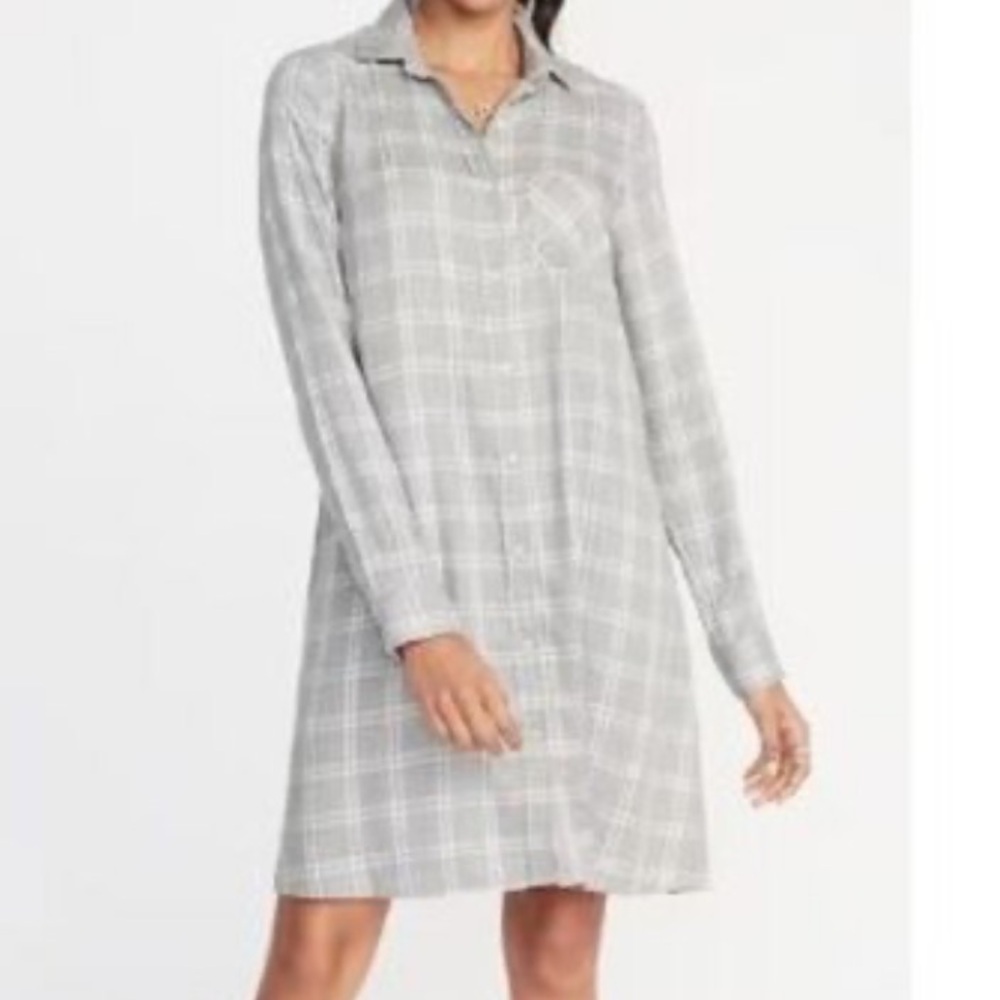 OLD NAVY grey plaid button up shirt dress size medium NWT